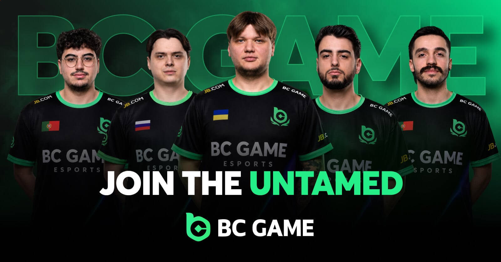 Five esports players above Join the Untamed and BC Game text